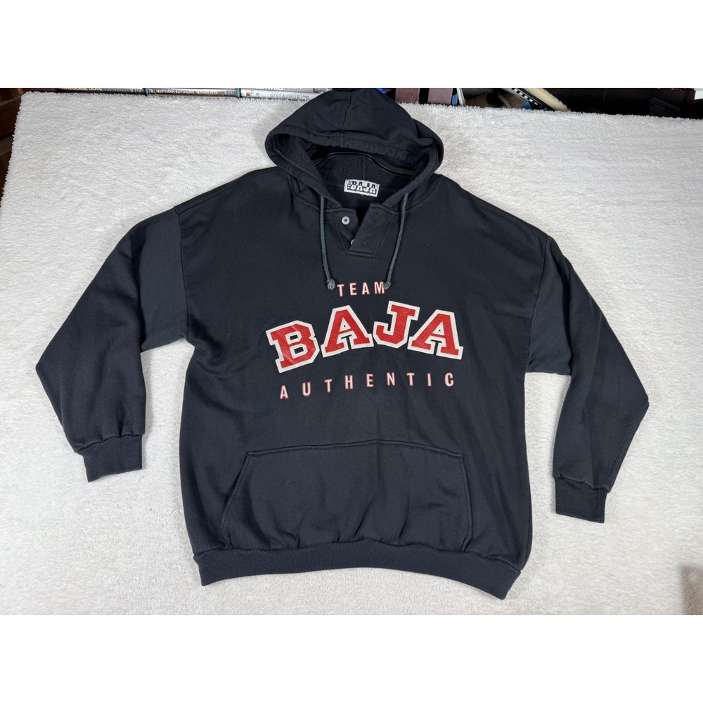 Team Baja Hoodie Mens XL Black Good‎ Henley Button Graphic Pullover Sweatshirt